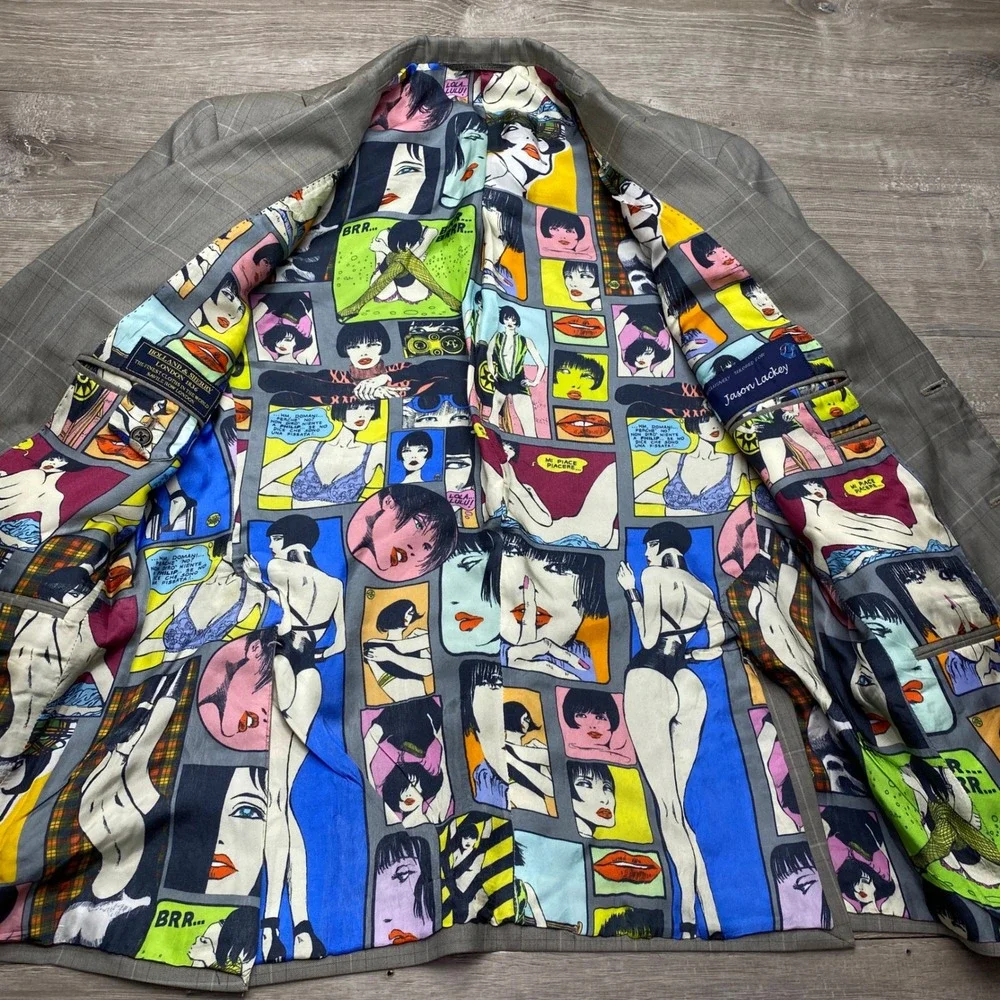 Holland & Sherry Blazer Mens 38R Grey Windowpane Pop Art Comic Lining Sport Coat